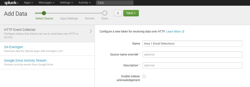 Enter a descriptive name for your new token, but leave Enable indexer acknowledgement checkbox unchecked.